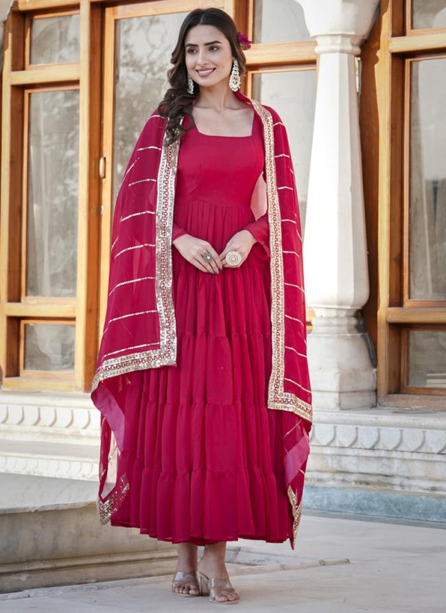 Faux Georgette Rani Festival Wear Embroidery Work Gown With Dupatta